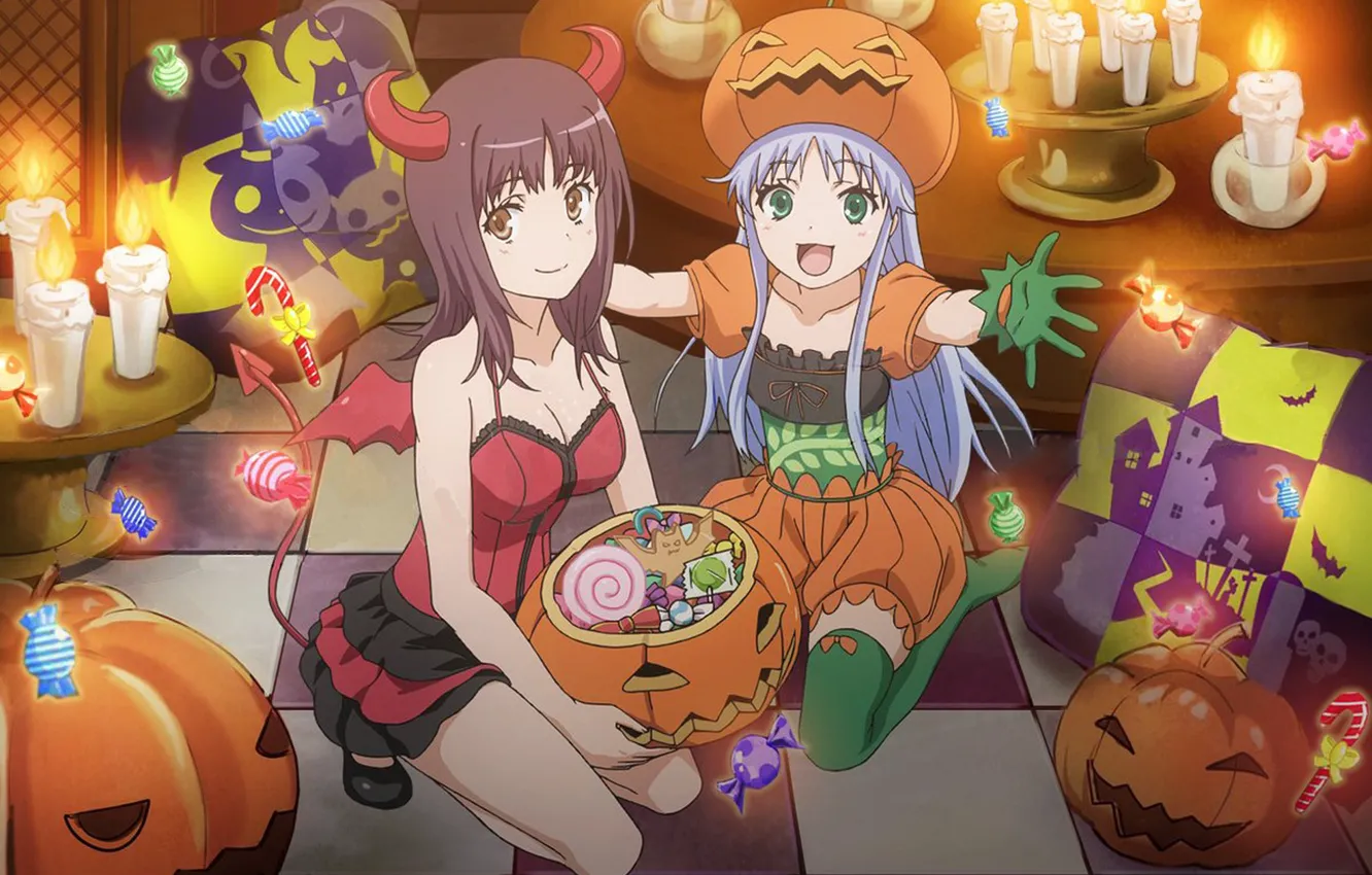 Photo wallpaper joy, table, magic, pillow, candles, sweets, Halloween, horns, gloves, To Aru Majutsu no Index, in …