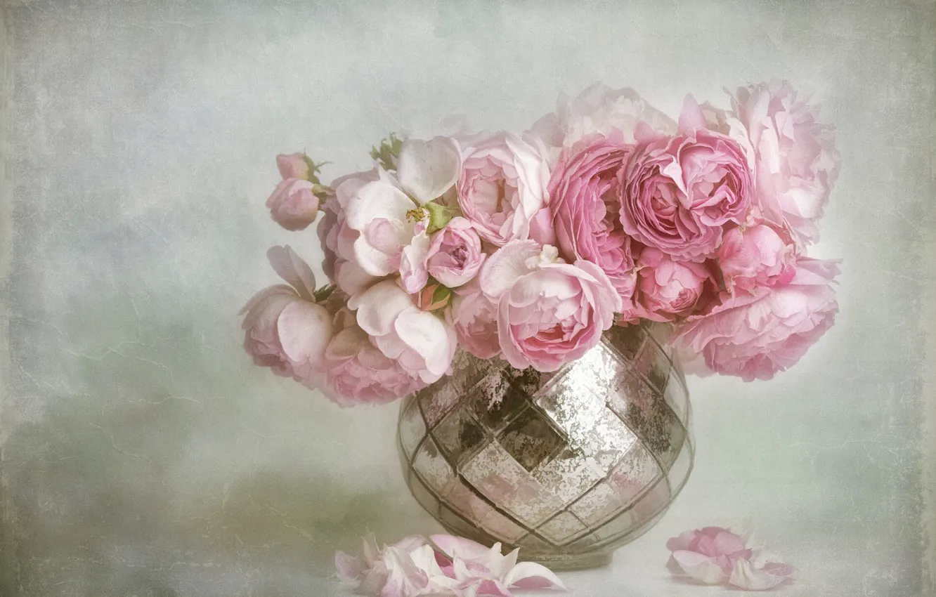 Photo wallpaper flowers, background, bouquet, petals, art, vase, pink, painting, buds, peonies, brilliant