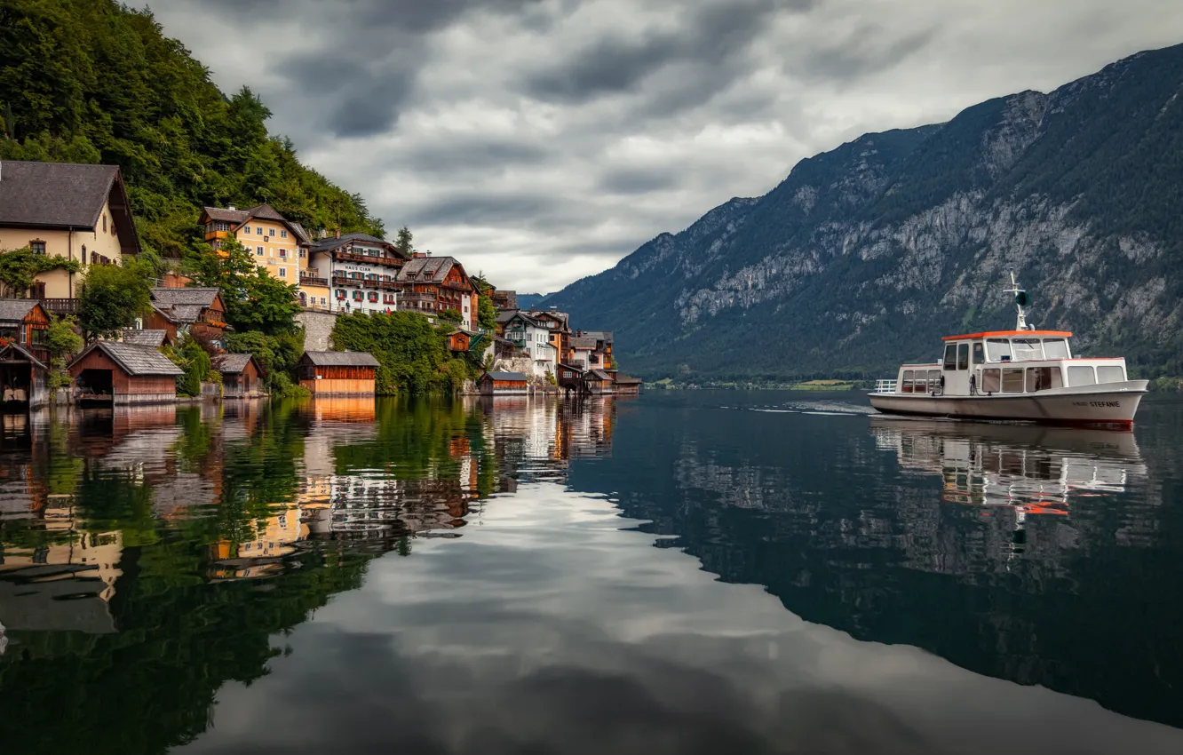 Photo wallpaper mountains, lake, building, home, Austria, Alps, ship, Austria, Hallstatt, Alps, Lake Hallstatt, Hallstatt, Lake Hallstatt, …