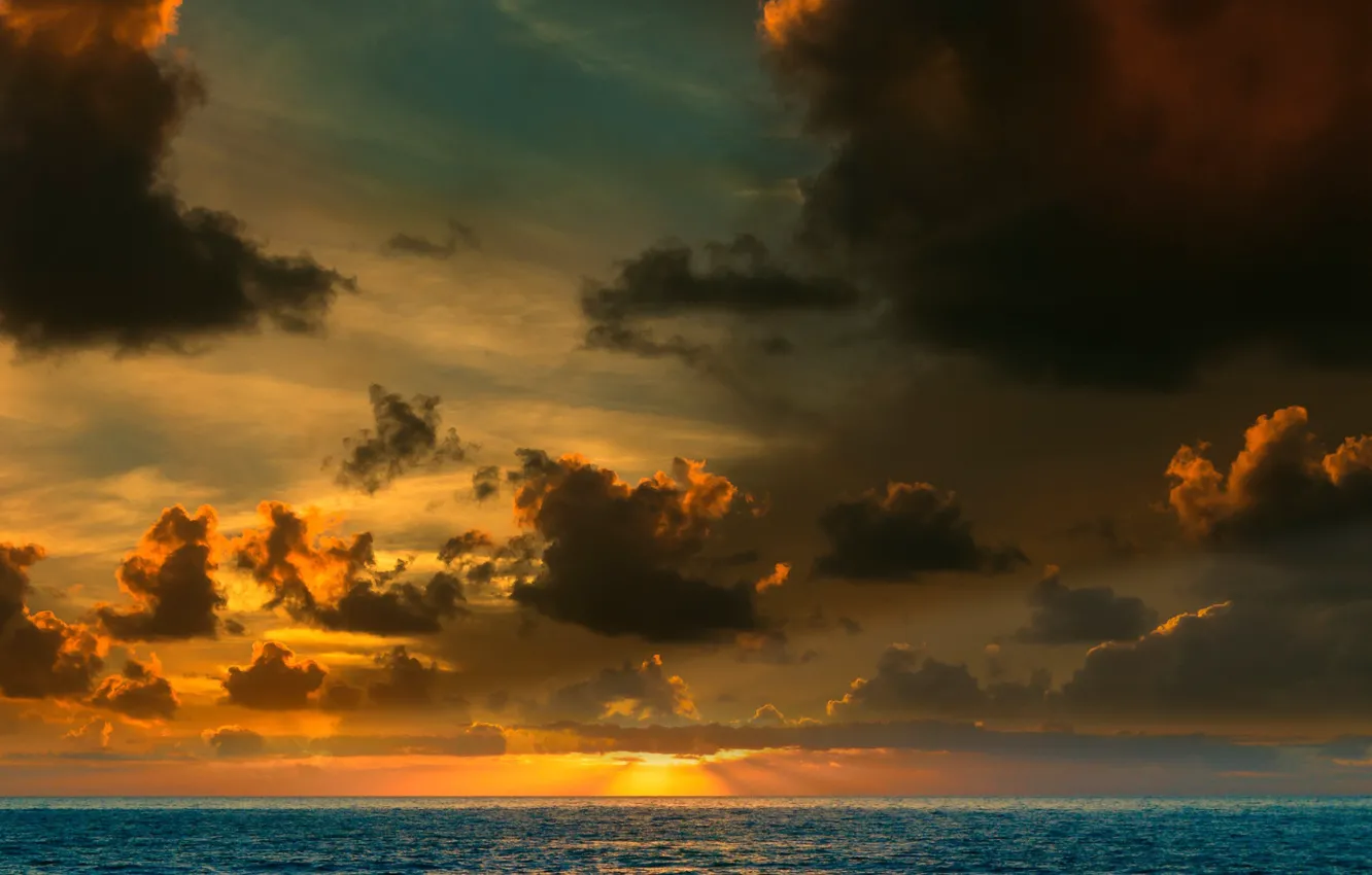 Photo wallpaper sky, sea, landscape, nature, Sunset, water, clouds, sun, sunrays