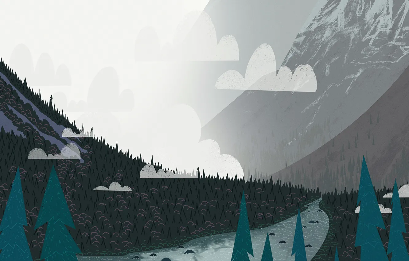 Wallpaper Mountains, Fog, River, Landscape, Art, Tree, Trees, Cartoon,  Environment, by Andrey Syailev, Andrey Syailev, Fog2 images for desktop,  section арт - download