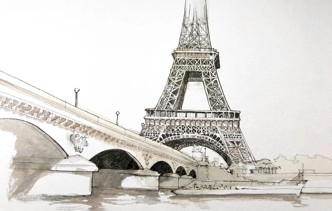 Photo wallpaper figure, Paris, watercolor, Eiffel tower, the urban landscape, Jena bridge