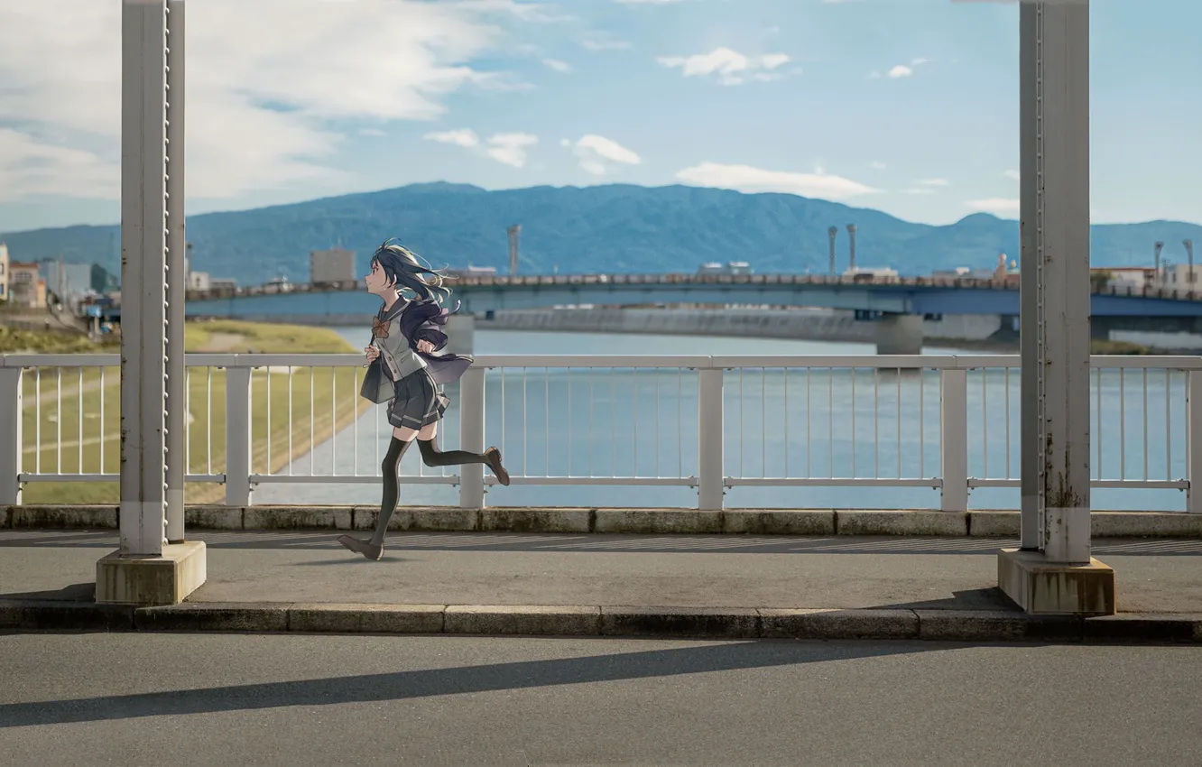 Photo wallpaper girl, bridge, schoolgirl, runs, school uniform