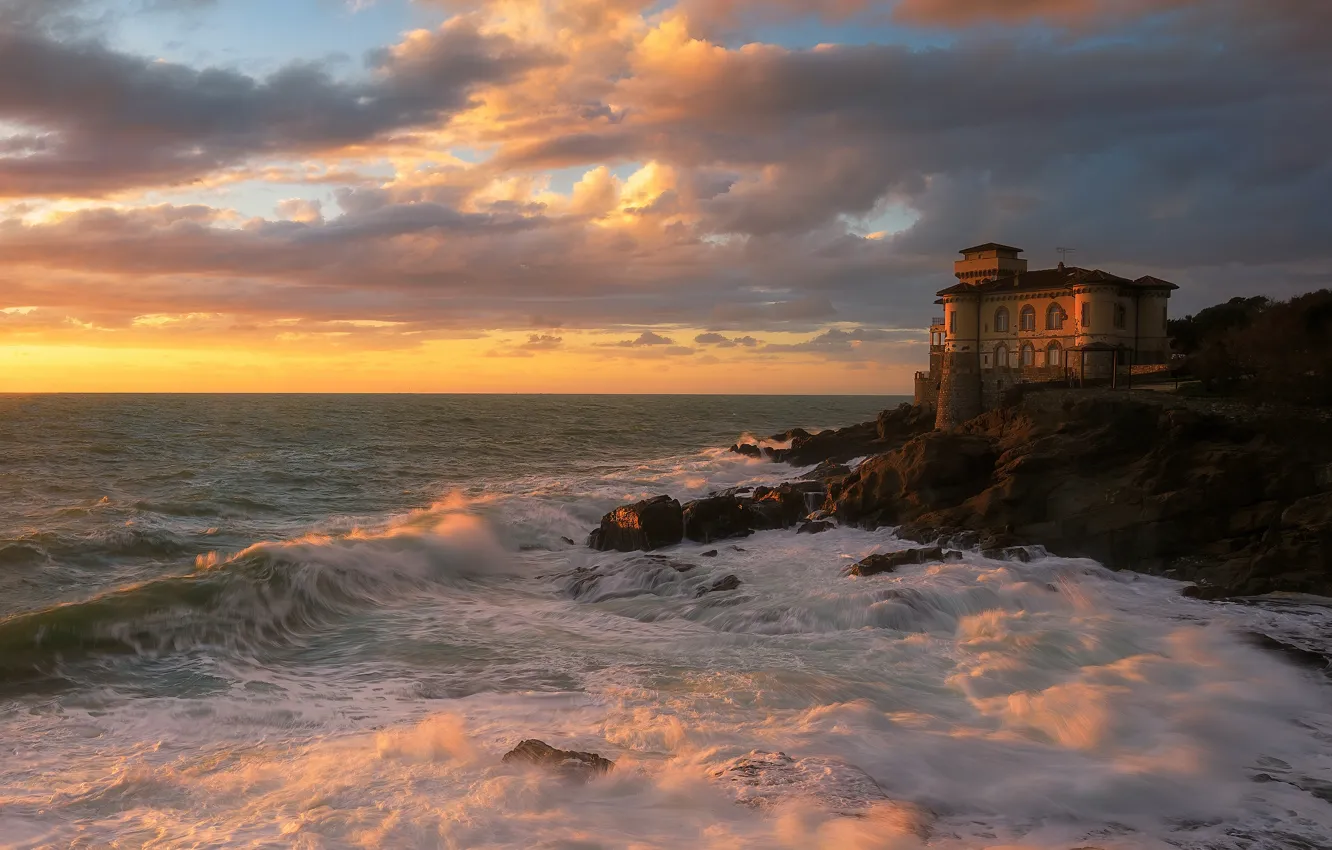 Photo wallpaper sea, sunset, house, castle, rocks, shore, surf, mansion