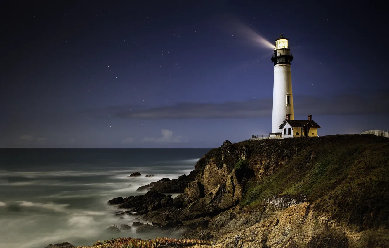 Photo wallpaper rays, light, landscape, night, nature, house, the ocean, shore, lighthouse, stars, CA, USA, Pigeon Point …