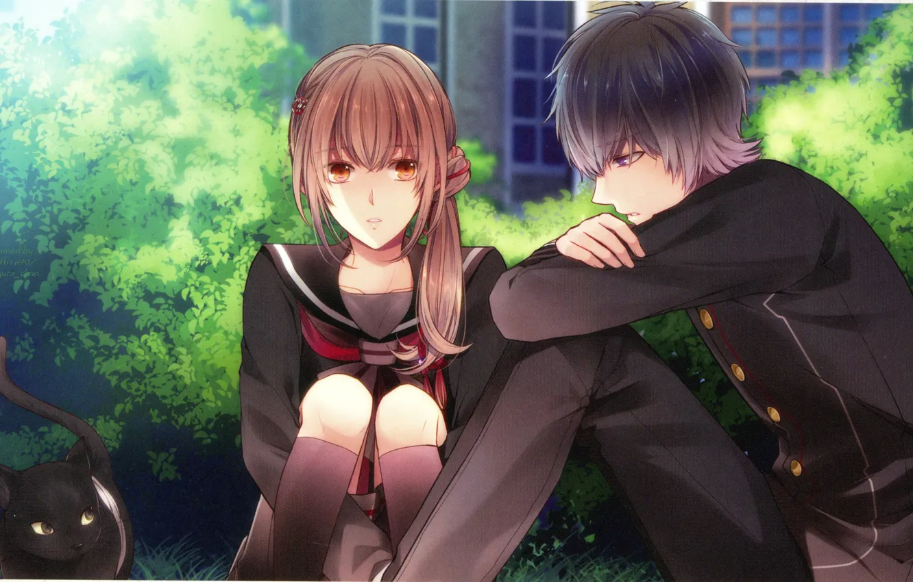 Photo wallpaper the conversation, on the street, students, visual novel, black cat, in the garden, the guy …