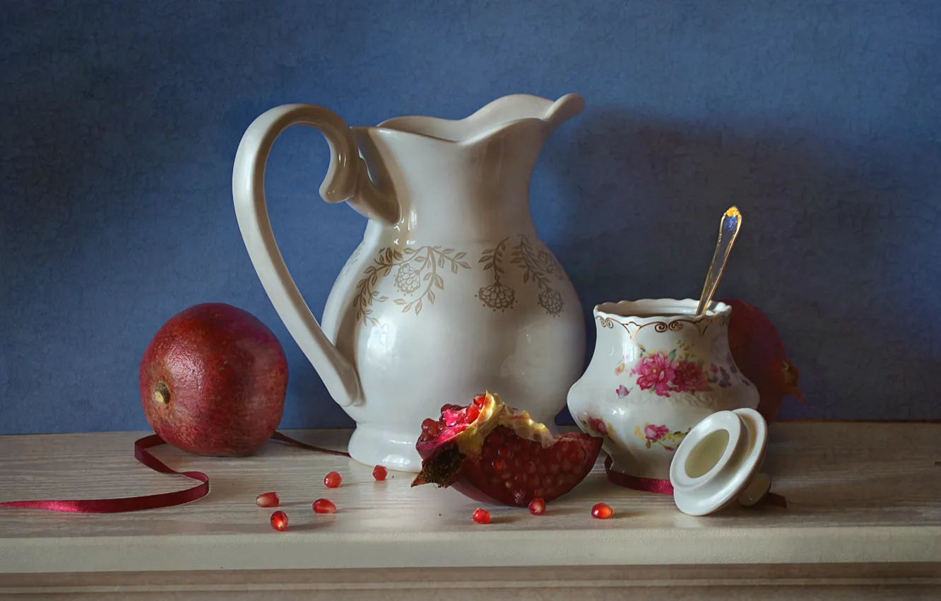 Photo wallpaper fruit, spoon, tape, dishes, still life, garnet, sugar bowl, the milkman, каминная полка