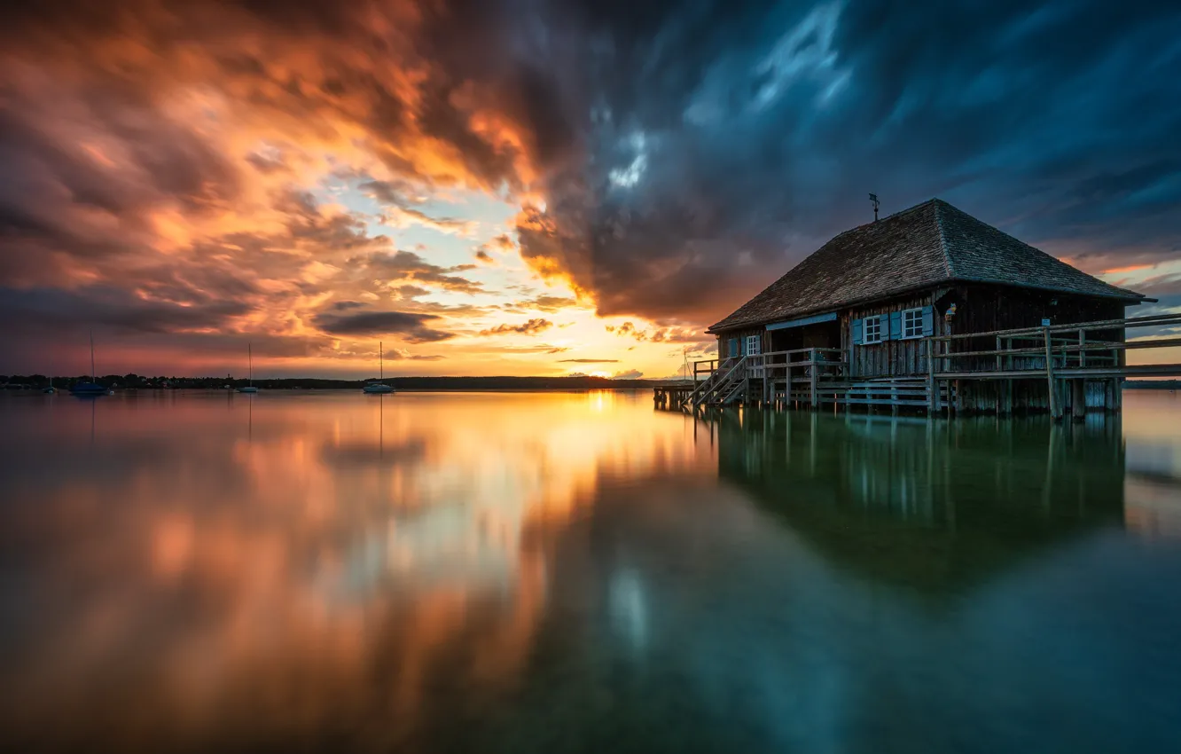 Photo wallpaper sunset, lake, house