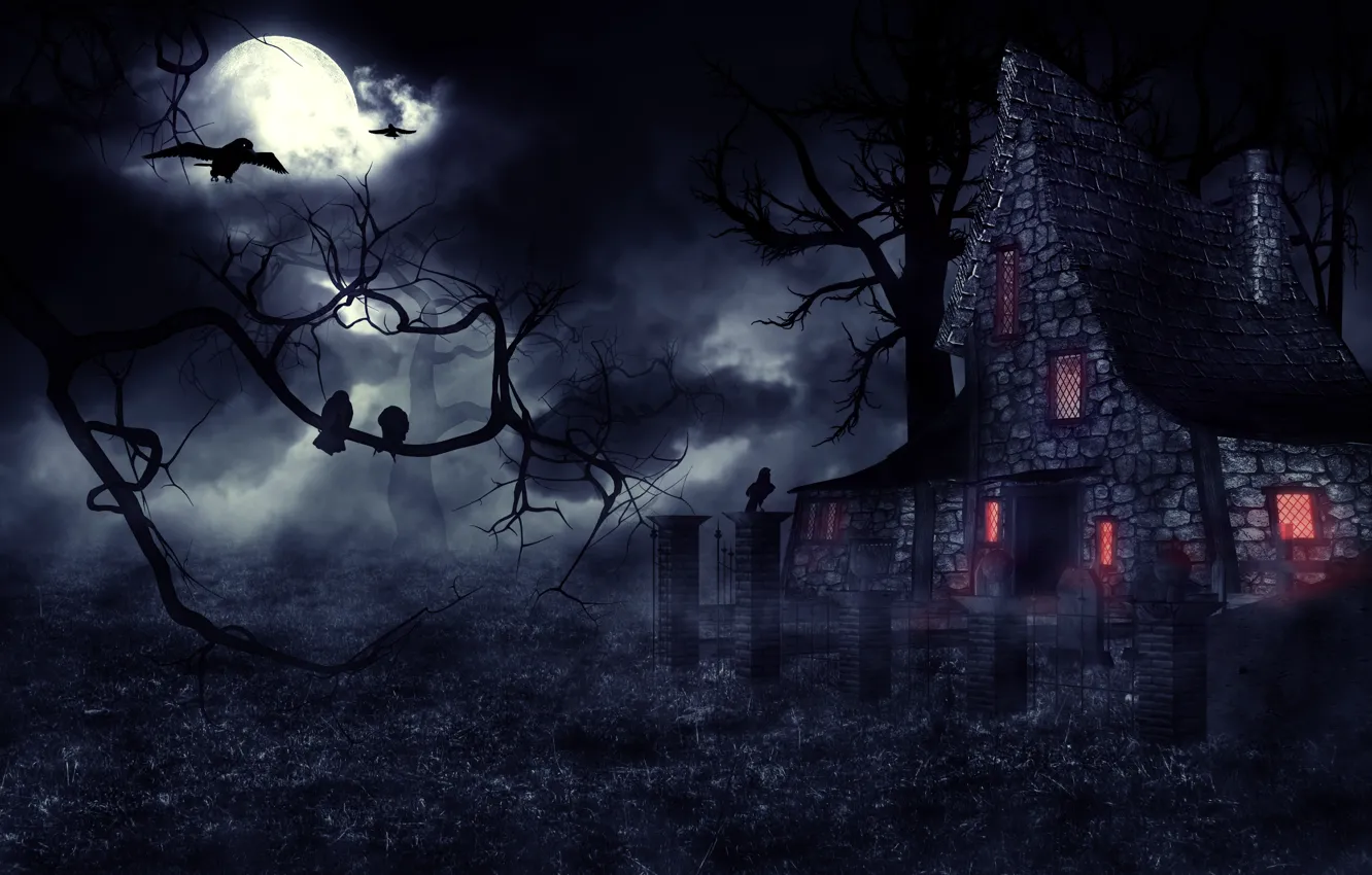 Photo wallpaper night, fog, Gothic, mystic, crows, the full moon, haunted house, фентези арт, мрачный замок