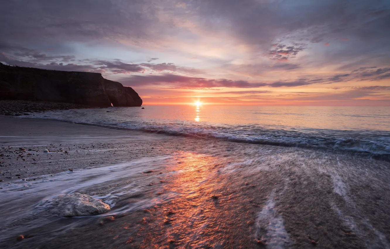 Photo wallpaper sea, sunrise, rocks, dawn, coast, morning, North sea