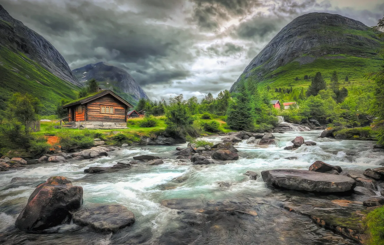 Photo wallpaper trees, mountains, river, stones, Norway, houses