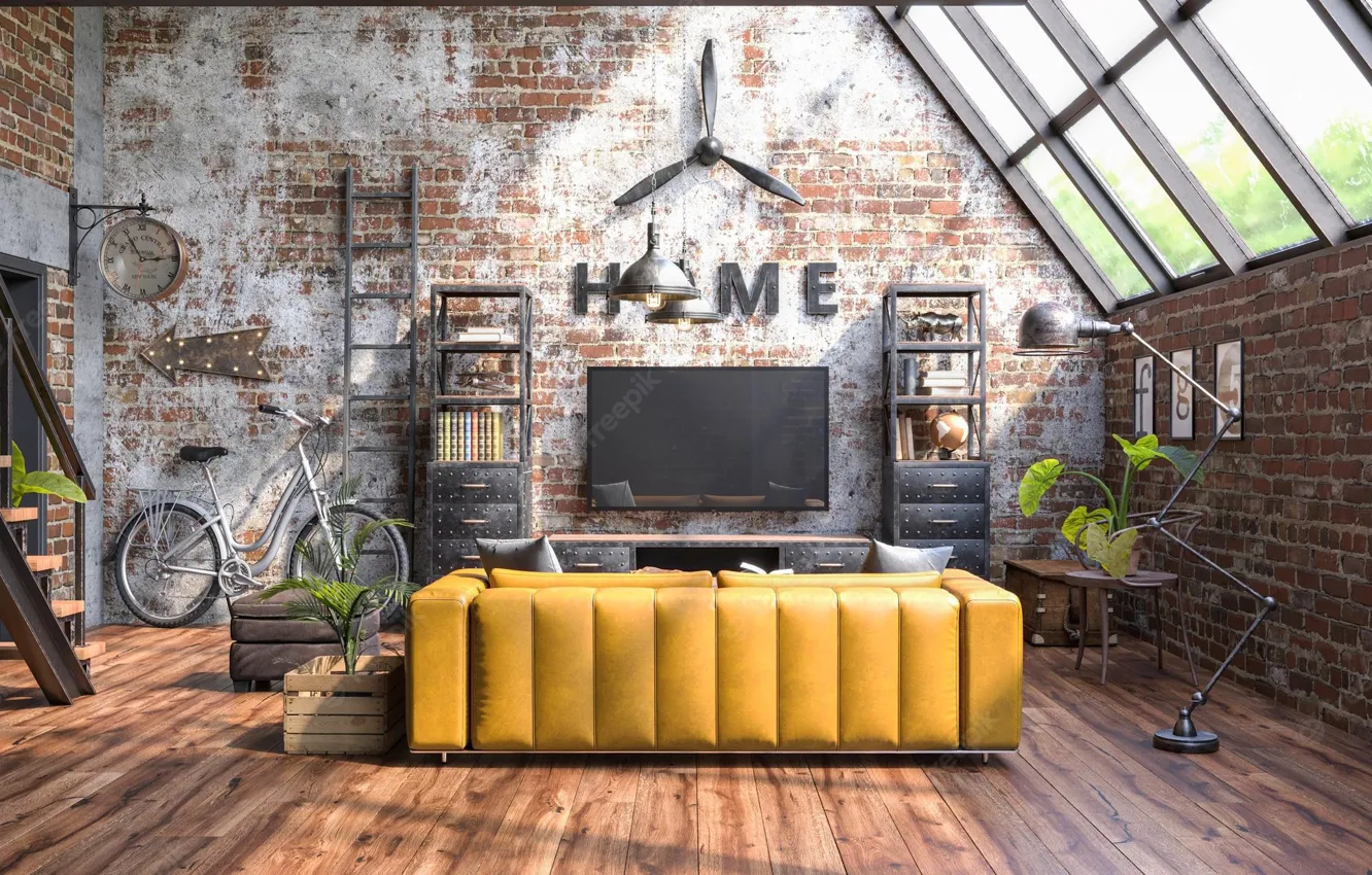 Photo wallpaper room, ladder, living room, design with grunge walls loft style, интерьер в индустриальном стиле, дизайн …