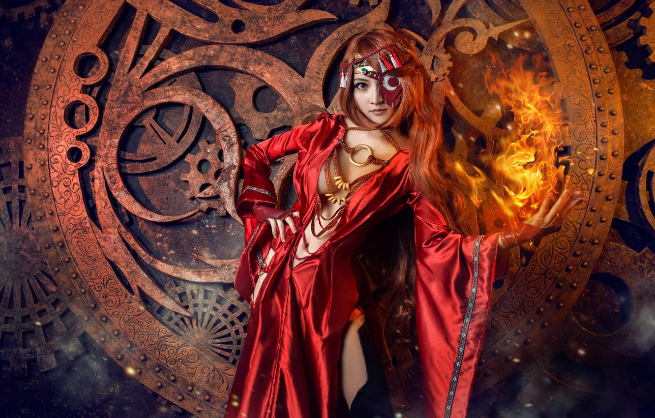 Photo wallpaper chest, eyes, look, girl, decoration, red, metal, pose, style, the dark background, fire, flame, magic, …