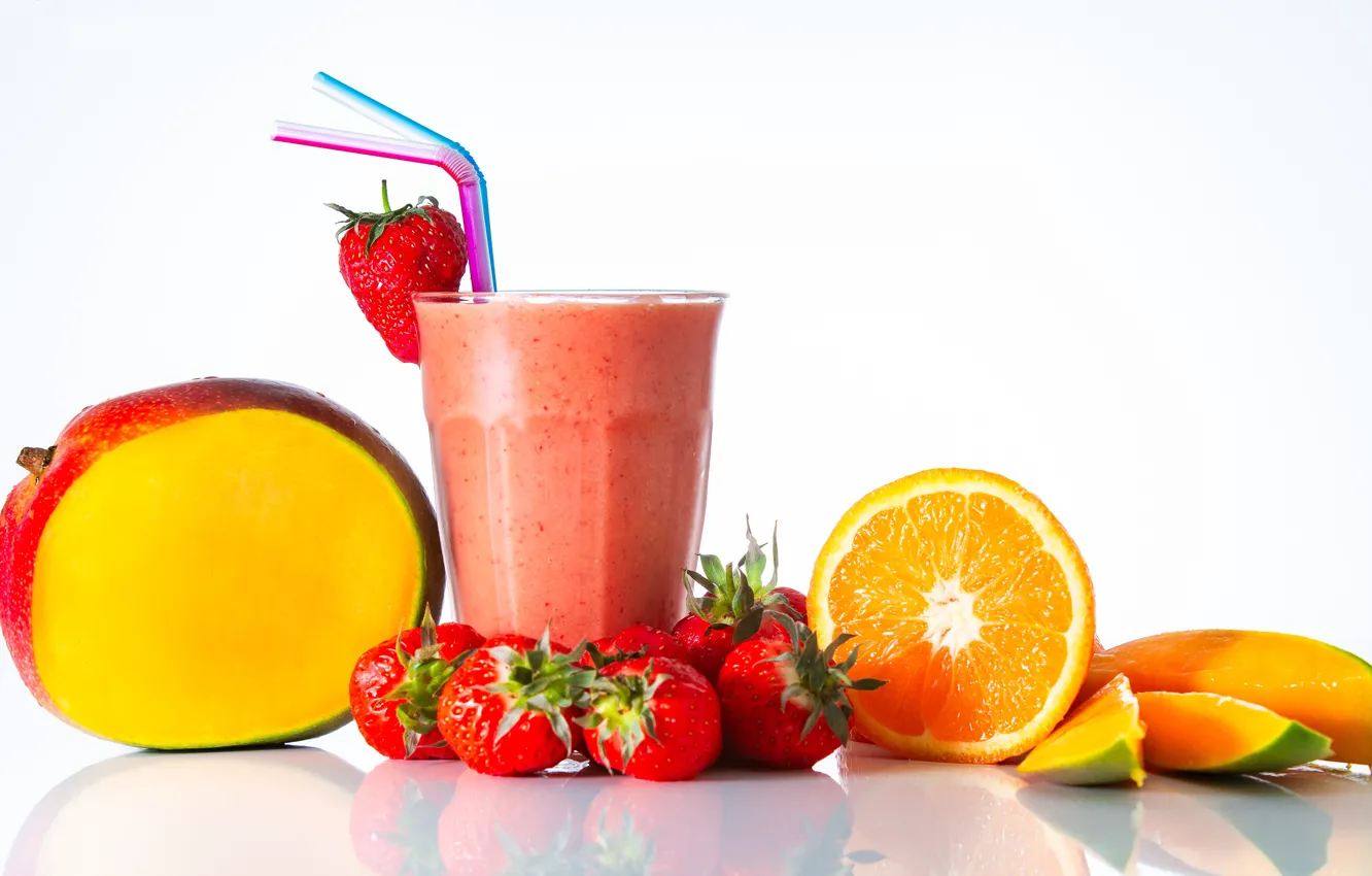Photo wallpaper glass, berries, background, orange, strawberry, drink, fruit, mango, tube, smoothies