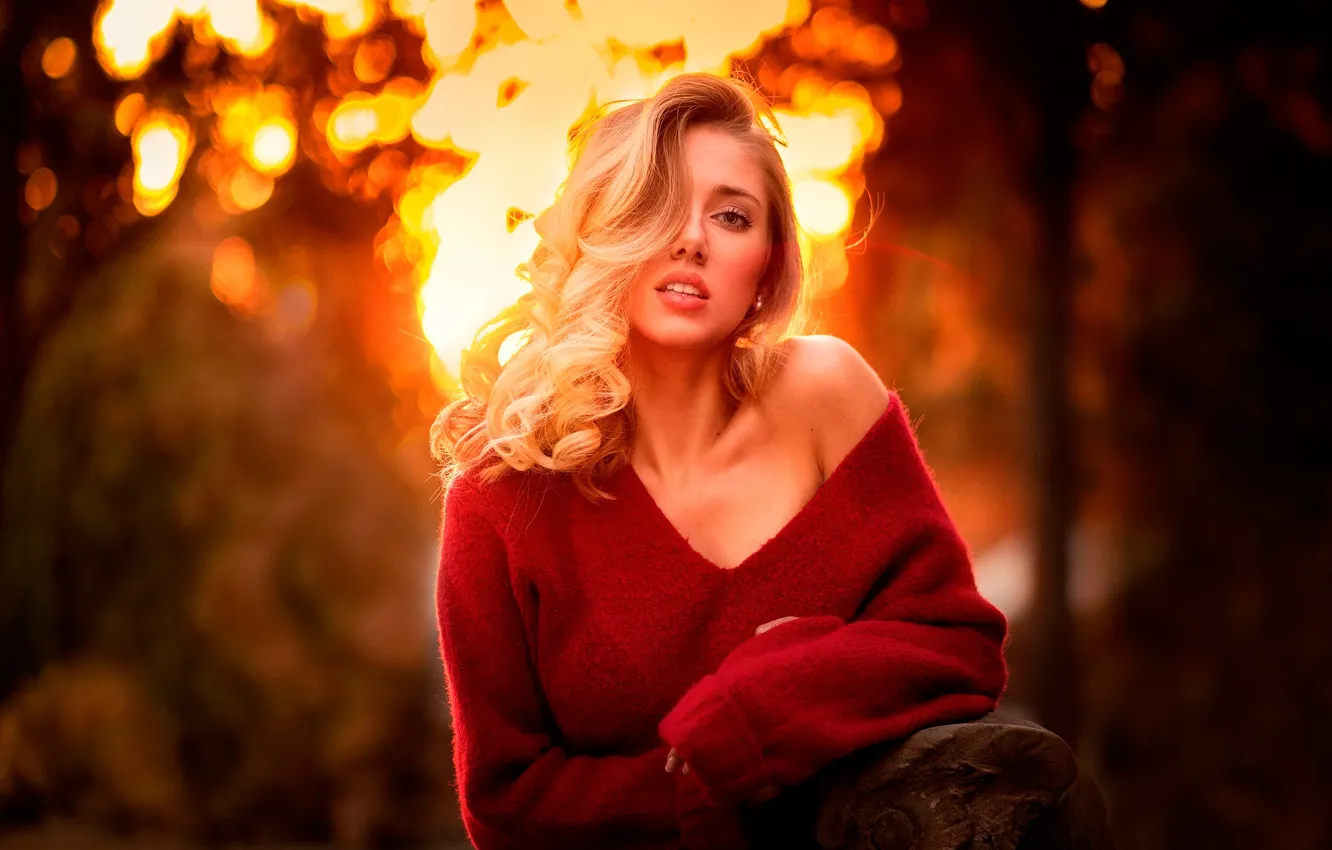 Photo wallpaper look, the sun, model, portrait, makeup, hairstyle, blonde, beauty, jacket, in red, nature, posing, bokeh, …