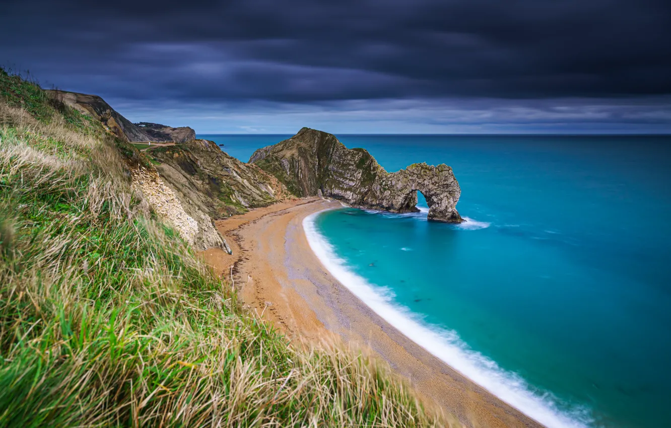 Photo wallpaper sea, beach, grass, rocks, coast, England, England, The Channel, English Channel, Dorset, Dorset, Jurassic Coast, …