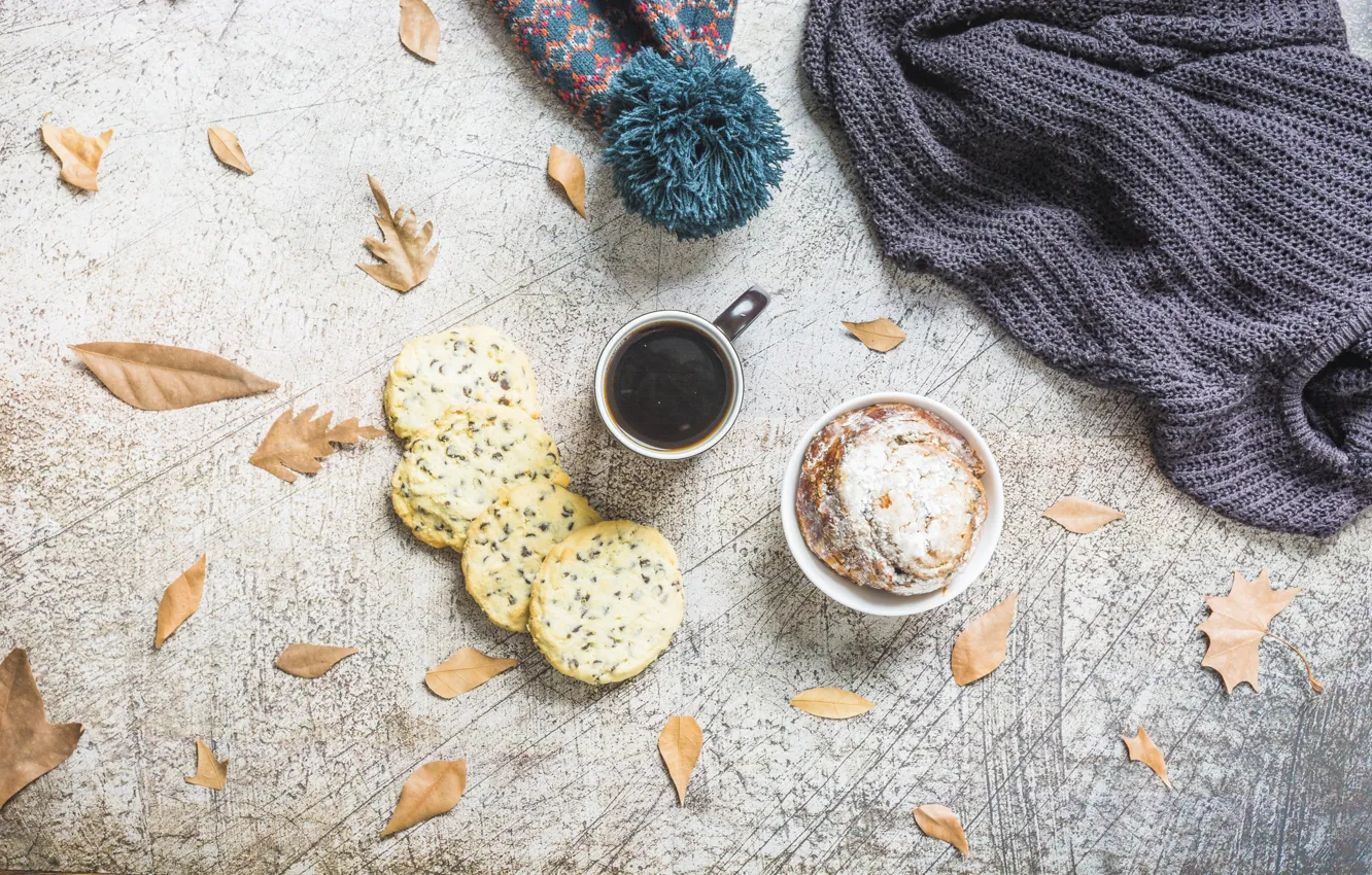 Photo wallpaper coffee, cookies, Autumn, leaves, coffee, Pastry