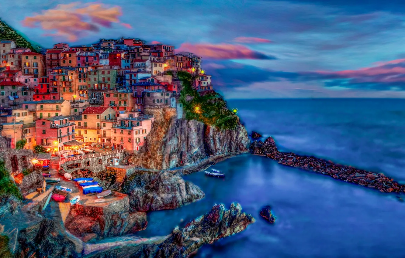 Photo wallpaper sea, rocks, coast, building, home, Italy, Italy, The Ligurian sea, Manarola, Manarola, Cinque Terre, Cinque …