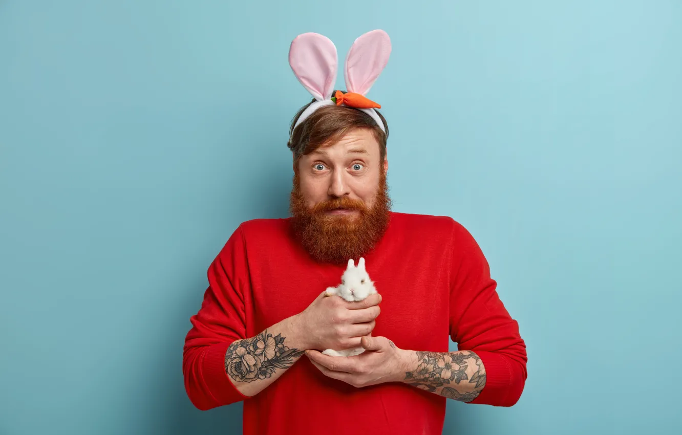 Wallpaper look, face, room, portrait, surprise, hands, small, rabbit, baby,  tattoo, red, Christmas, New year, male, beard, Bunny images for desktop,  section новый год - download