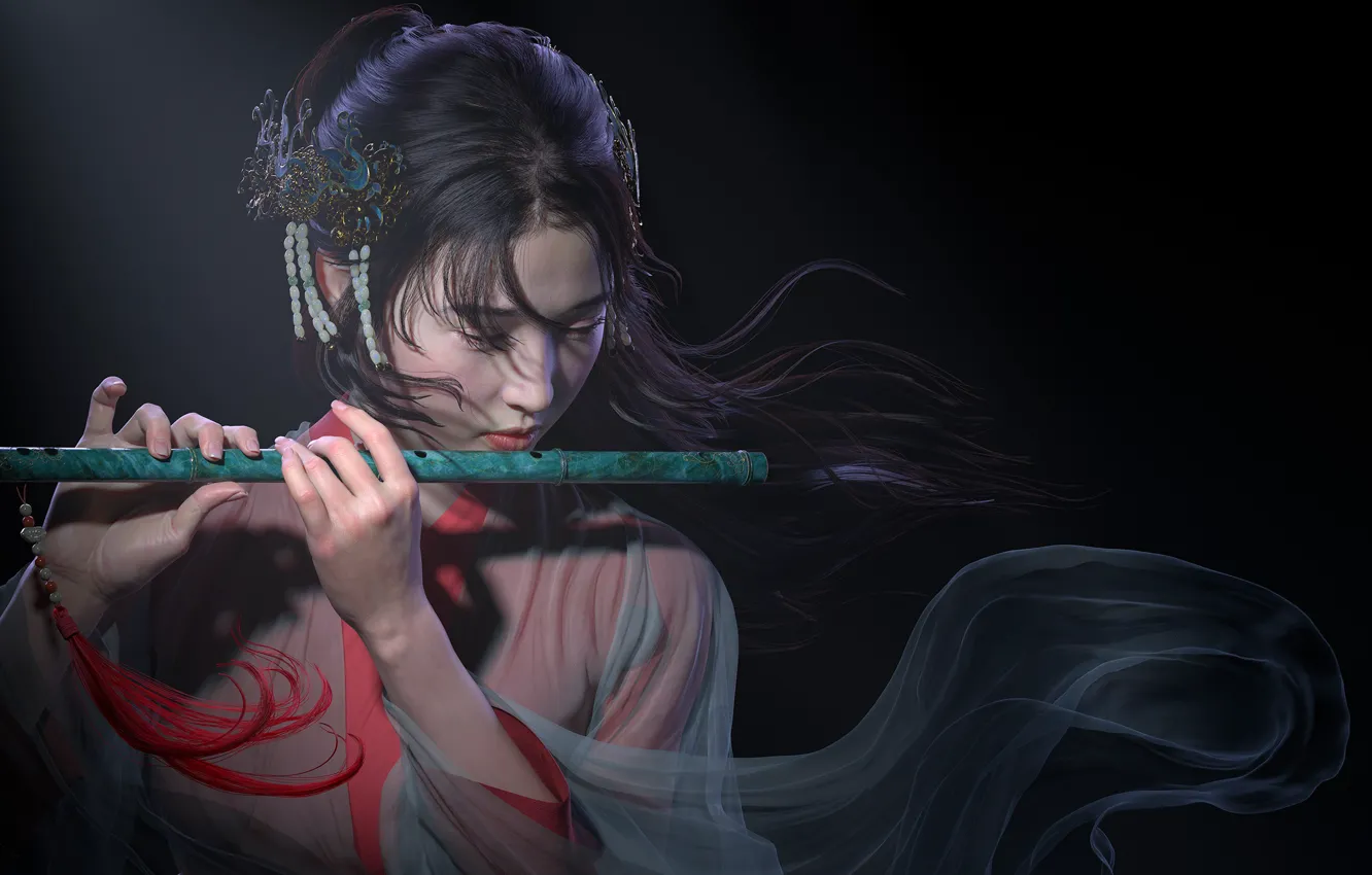 Photo wallpaper girl, rendering, mood, art, flute, Qi Sheng Lu