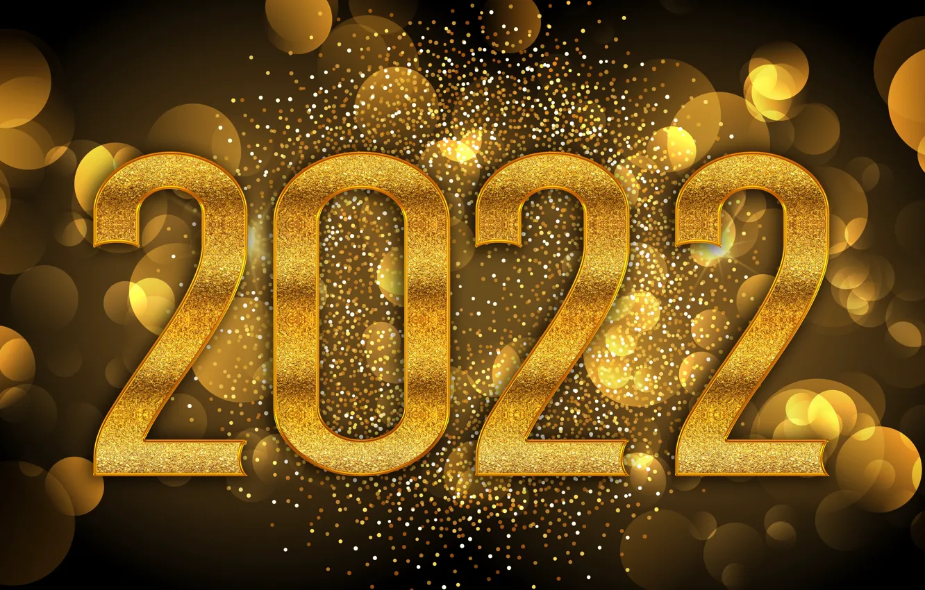 Photo wallpaper gold, figures, New year, golden, black background, new year, happy, bokeh, luxury, decoration, figures, glitter, …