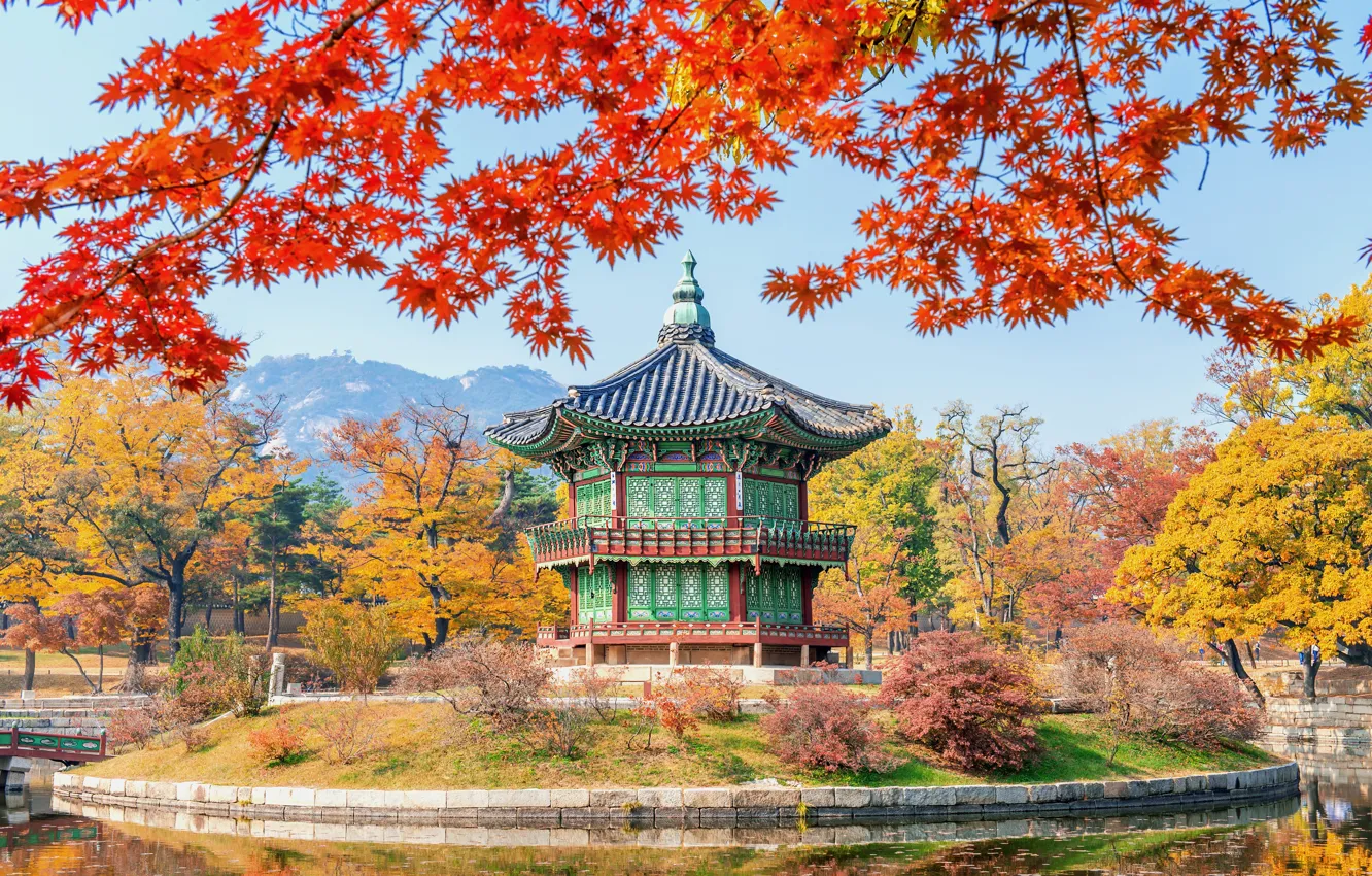 Photo wallpaper autumn, leaves, trees, Park, nature, park, autumn, lake, leaves, tree, Korea, temple