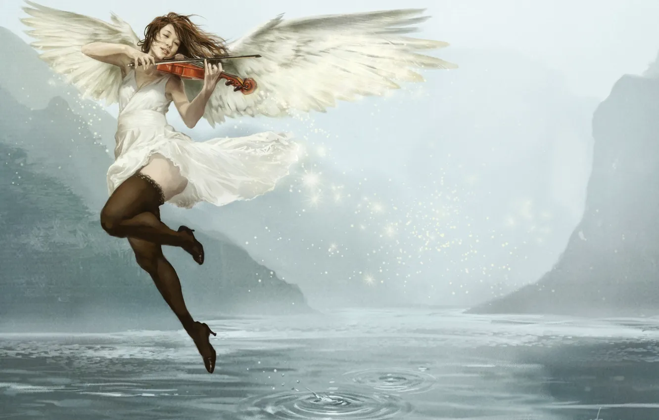 Photo wallpaper Girl, Music, Lake, Violin, Angel, Asian, Girl, Wings, JH Stonehouse, by JH Stonehouse, Day Muse