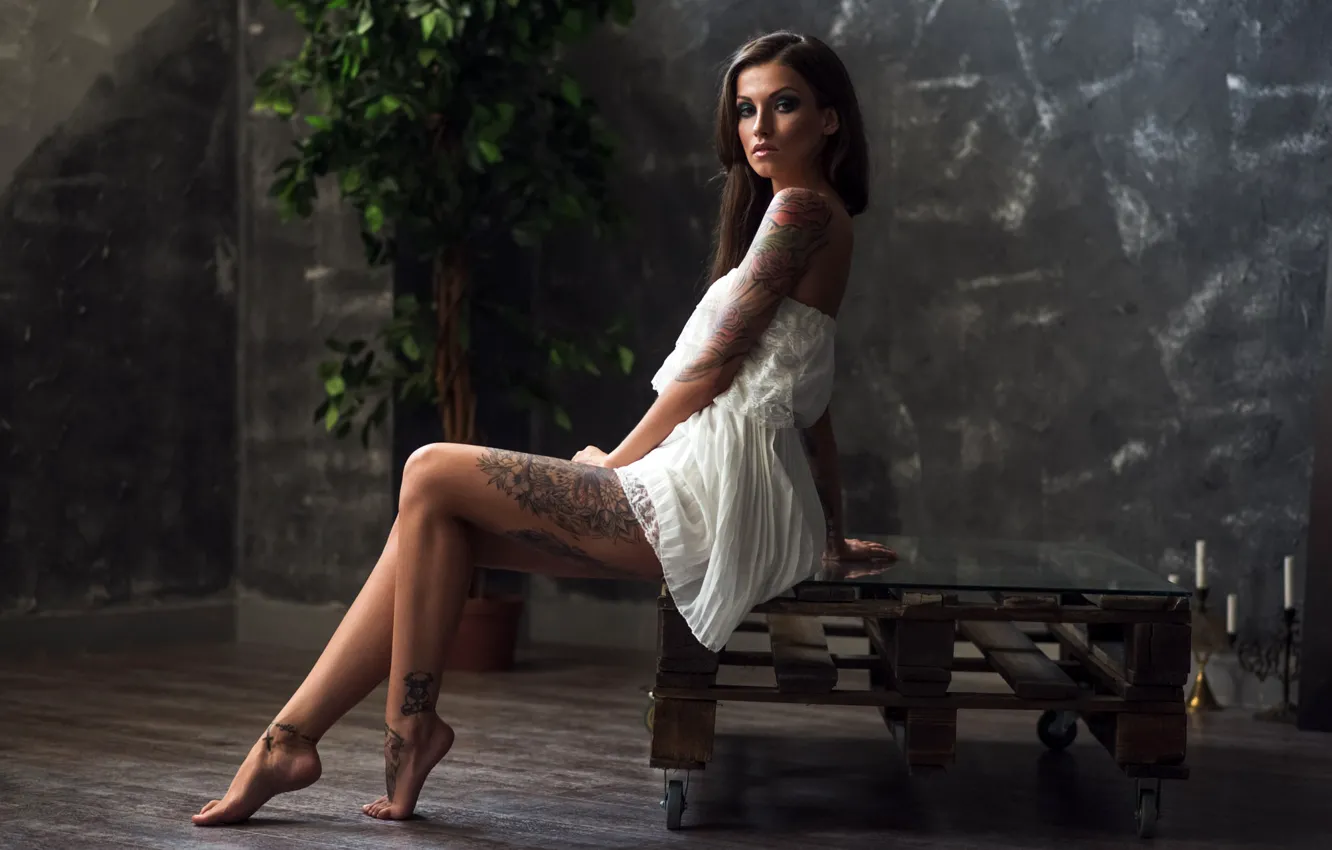 Photo wallpaper look, girl, sexy, pose, wall, model, plant, portrait, candles, makeup, figure, dress, tattoo, hairstyle, brown …