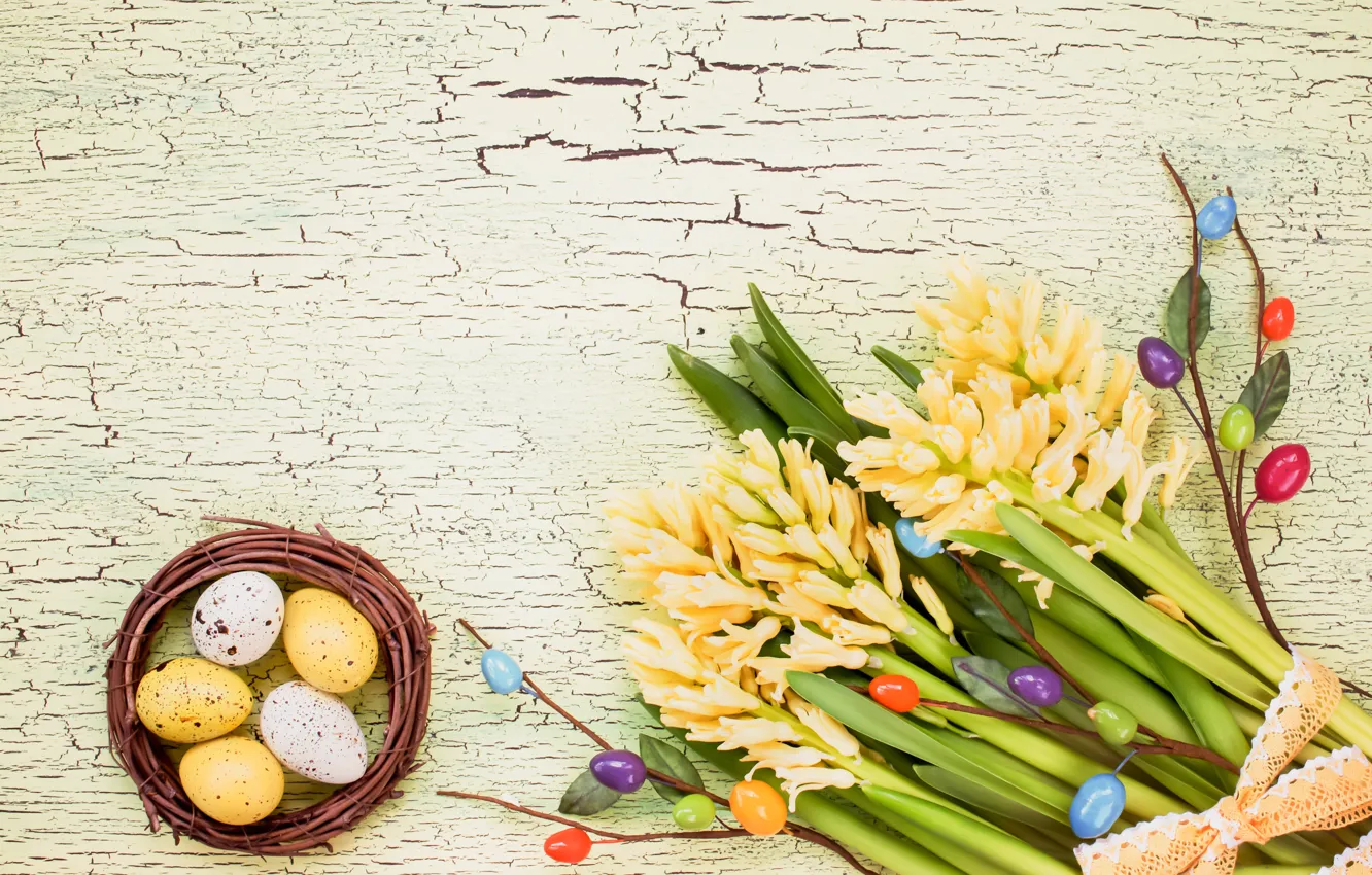 Photo wallpaper flowers, eggs, spring, Easter, happy, flowers, spring, Easter, eggs, decoration, hyacinths