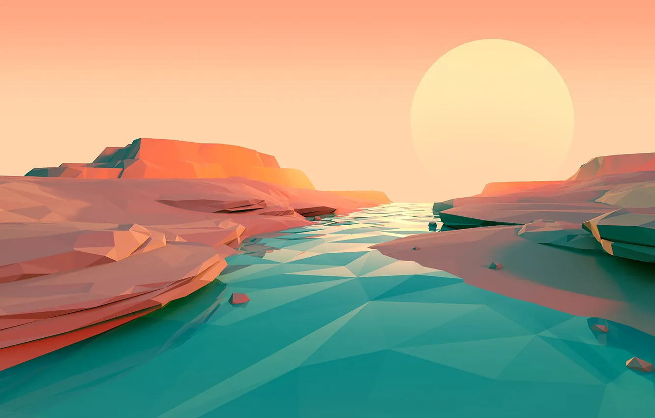 Beforehand shepherd Imminent Wallpaper The sun, Mountains, River, Graphics, Low Poly images for desktop,  section рендеринг - download