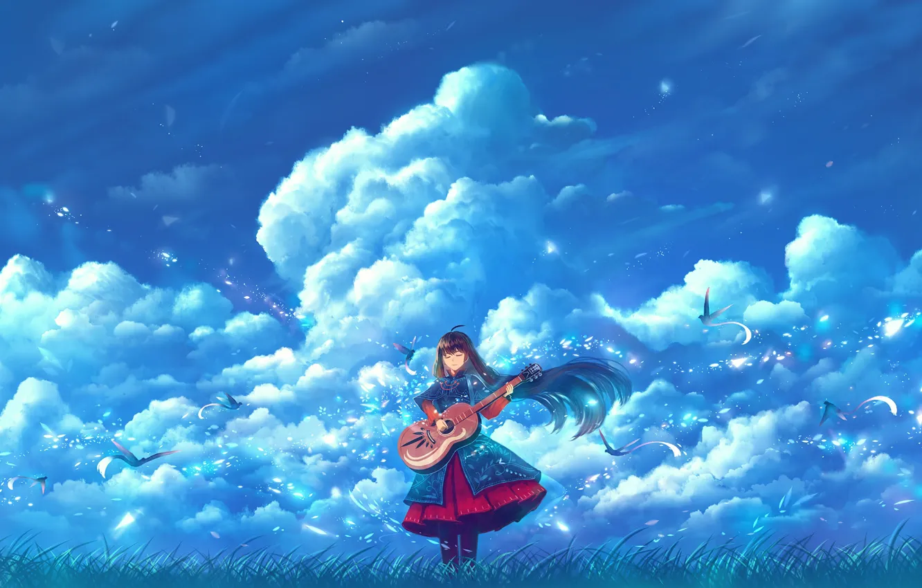 Photo wallpaper the sky, girl, clouds, birds, guitar