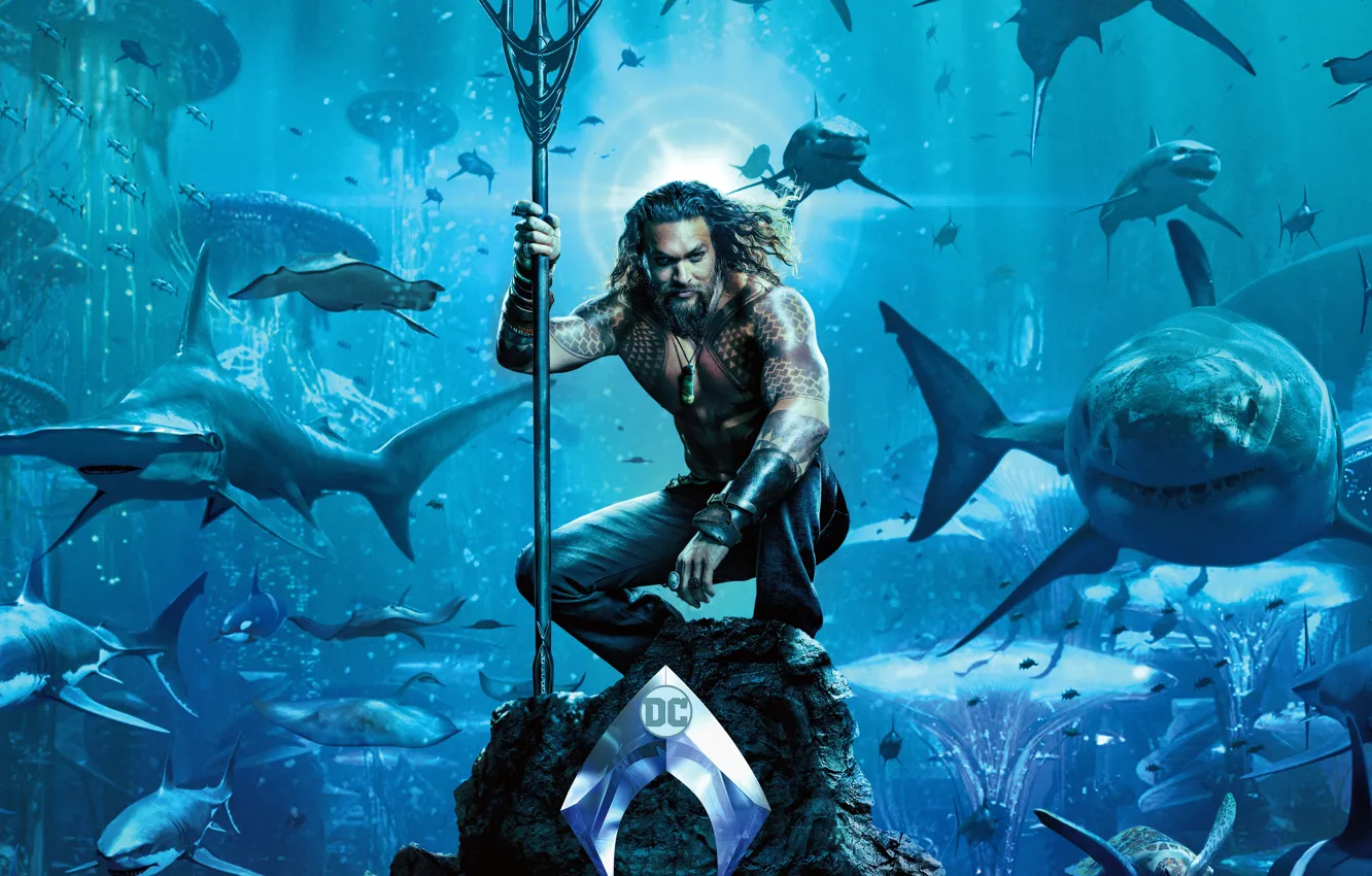 Photo wallpaper sea, blue, fiction, stone, the bottom, logo, corals, Trident, tattoo, sharks, poster, under water, comic, …