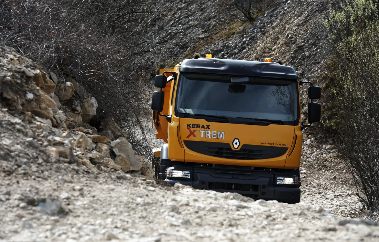 Photo wallpaper orange, stones, truck, Renault, the ground, dump truck, 8x4, four-axle, Renault Trucks, Kerax