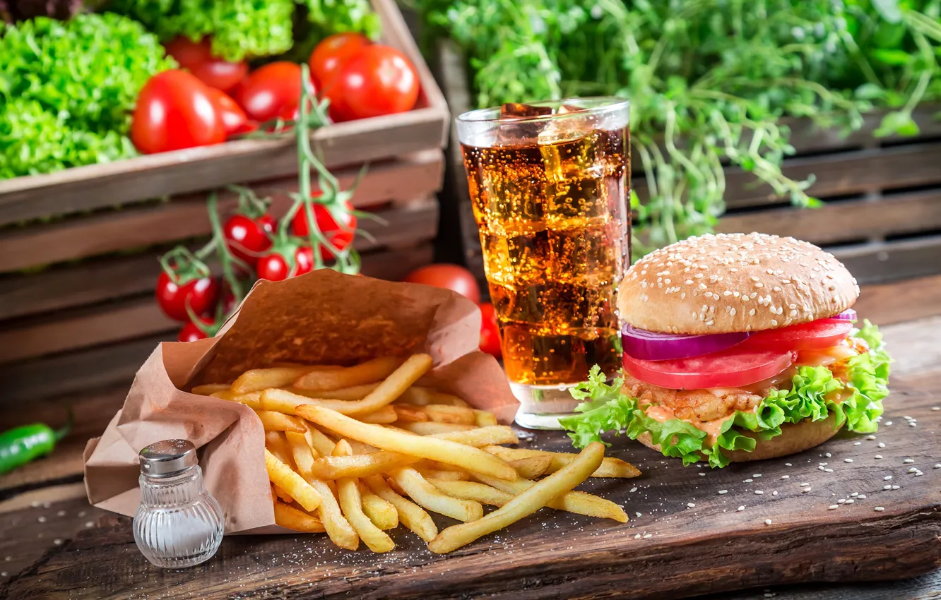Photo wallpaper meat, tomatoes, hamburger, Cola, French fries