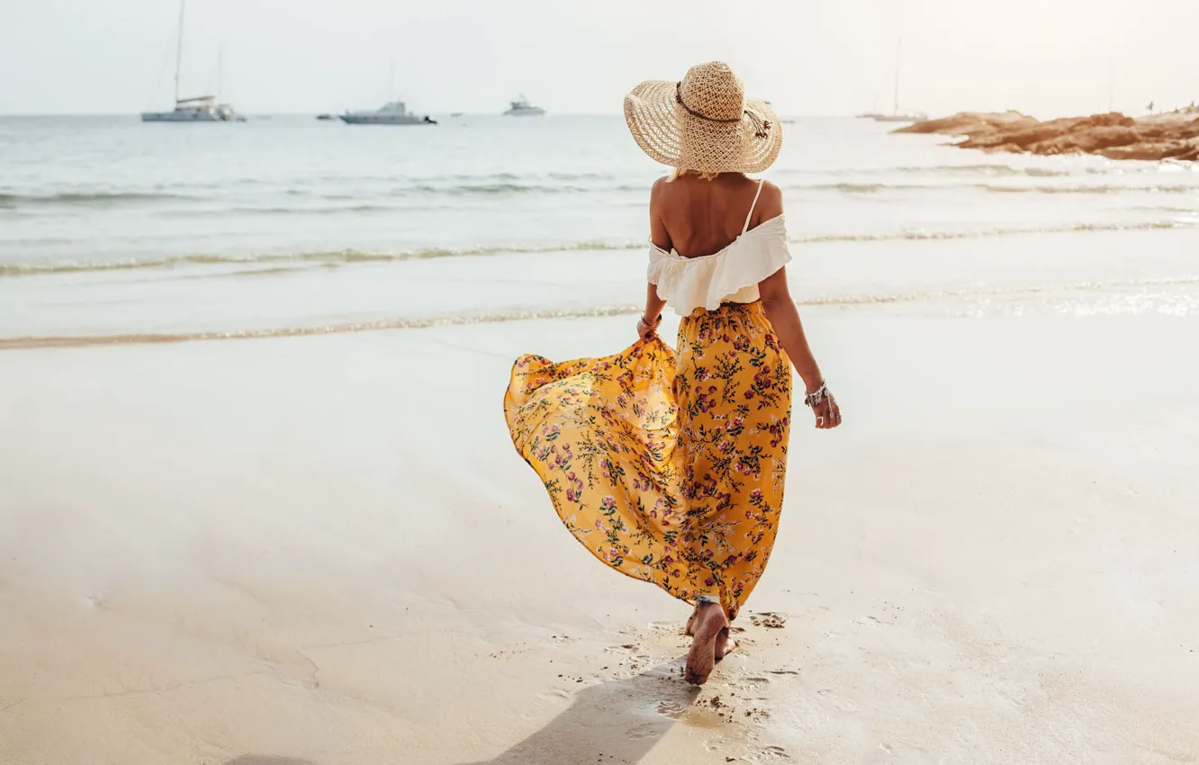 Photo wallpaper sea, summer, girl, shore, back, skirt, hat