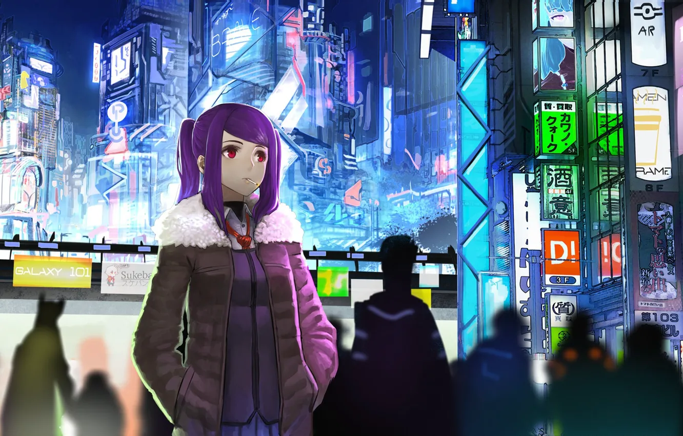 Wallpaper girl, night, the city, future, fiction, neon, anime, art,  cigarette, cyberpunk, red eyes, anime, art, Night, neon, cyberpunk images  for desktop, section игры - download