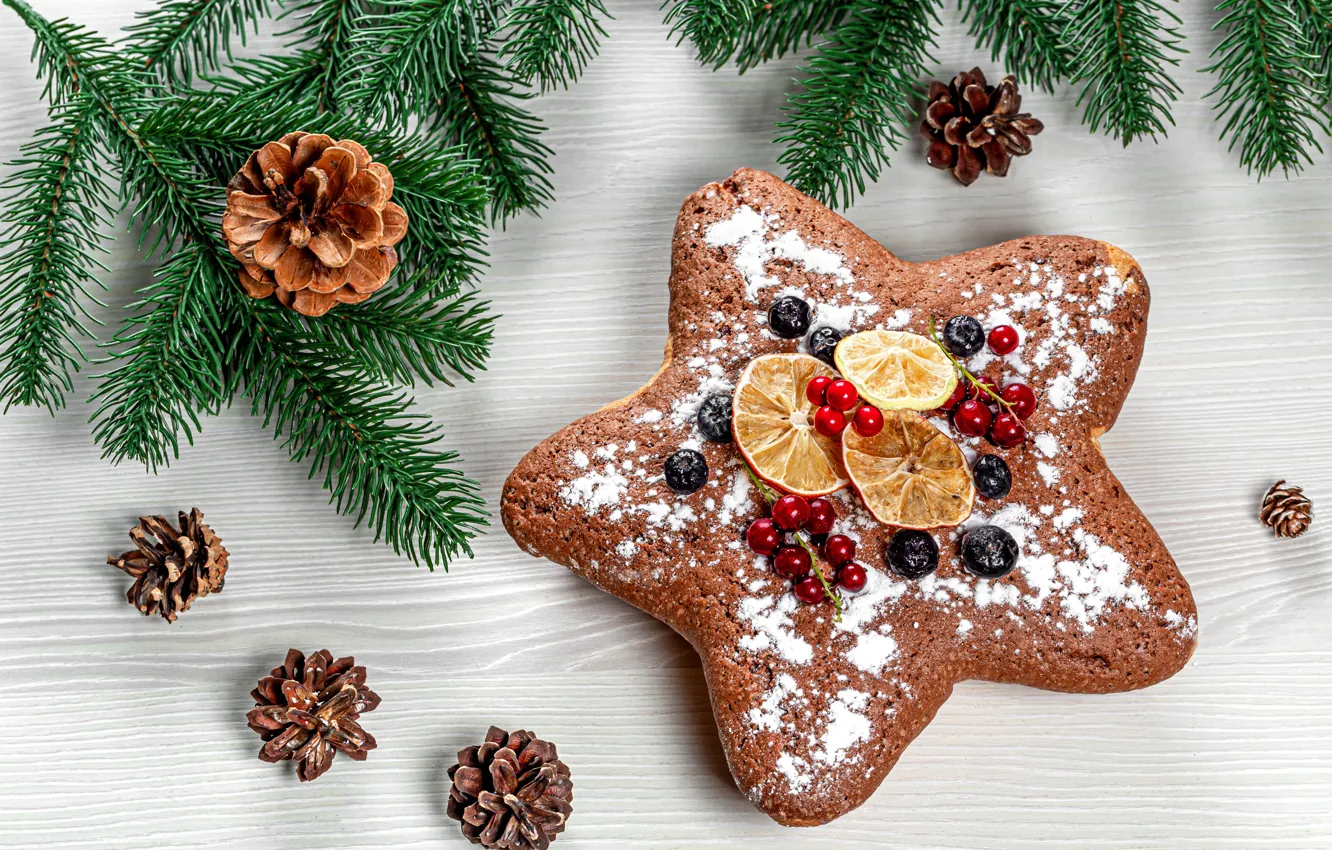 Photo wallpaper berries, lemon, star, Christmas, New year, cake, bumps, biscuit, spruce branches