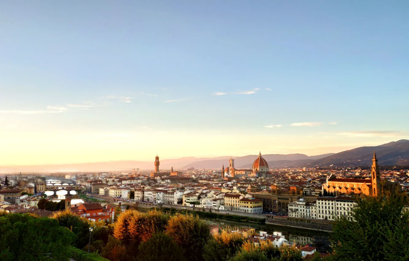 Photo wallpaper city, tower, cathedral, river, Italy, Florence, buildings, architecture, roofs, cityscape, dome, Tuscany, church
