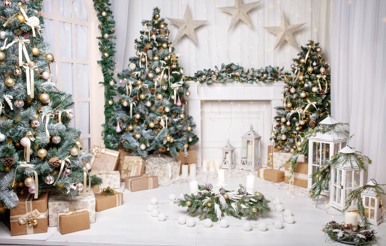 Photo wallpaper decoration, balls, tree, New Year, Christmas, gifts, Christmas, balls, design, New Year, gift, room, interior, …