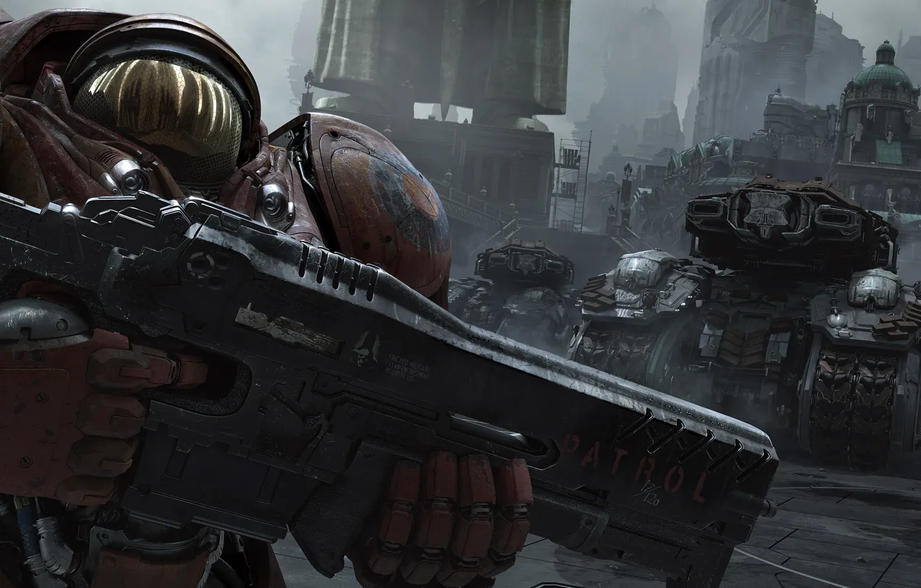 Photo wallpaper the city, the suit, starcraft, rifle, tanks, strategy, Marines, heart of the swarm, Terran, terrans, …