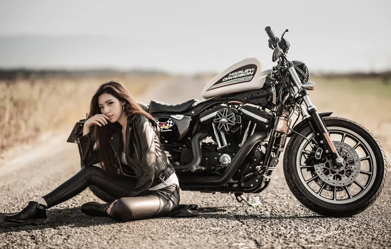 Wallpaper road, girl, face, pose, style, motorcycle, bike, sitting images  for desktop, section девушки - download
