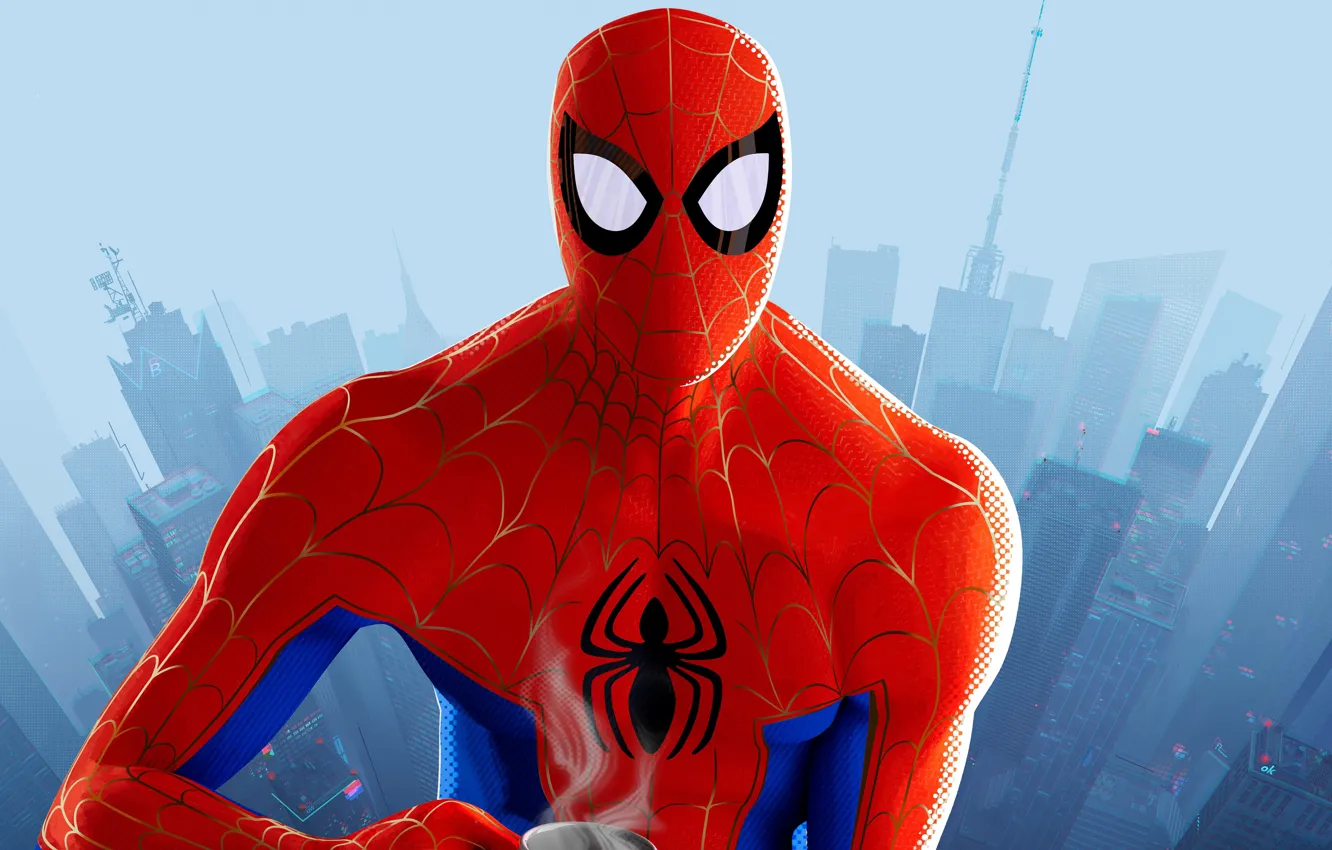 Wallpaper the city, background, fiction, cartoon, height, home, art,  costume, Cup, poster, skyscrapers, superhero, Spider-Man, Spider-Man,  Spider-man: universes, Spider-Man: Into the Spider-Verse images for  desktop, section фильмы - download