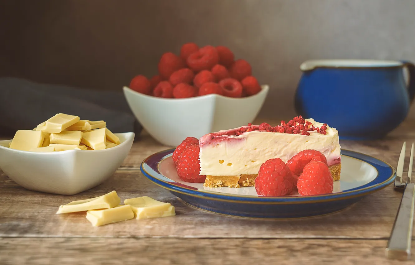 Photo wallpaper berries, raspberry, cheese, plate, plug, dessert, cheesecake