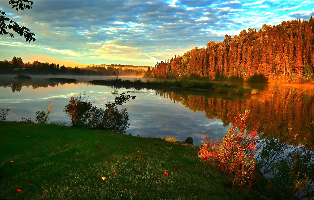 Photo wallpaper autumn, landscape, sunset, nature, fog, river, forest, Bank