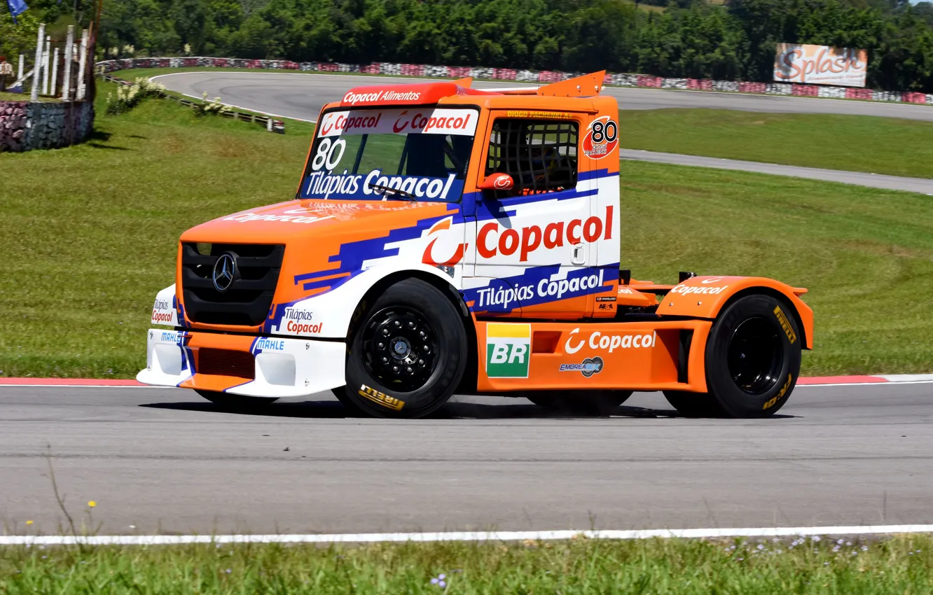 Photo wallpaper asphalt, orange, Mercedes-Benz, track, truck, racing, bonnet