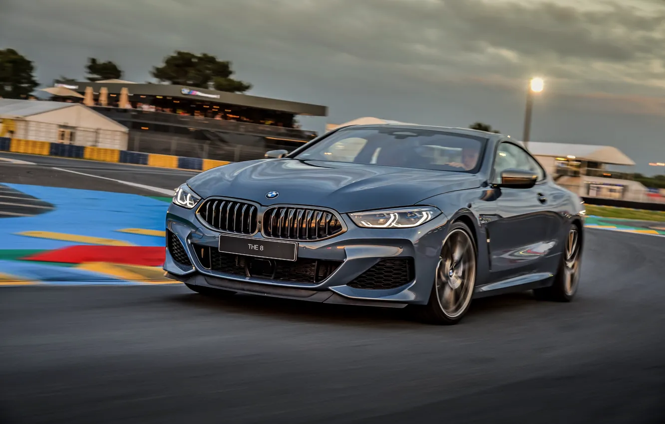 Photo wallpaper coupe, track, turn, BMW, Coupe, 2018, gray-blue, 8-Series, pale blue, M850i xDrive, Eight, G15