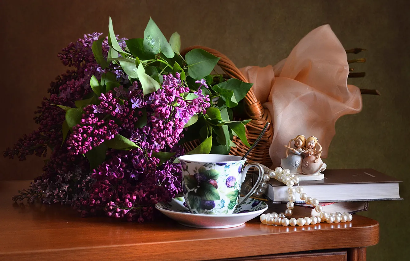 Photo wallpaper table, bouquet, spring, Cup, pearl, beads, book, figurine, still life, lilac