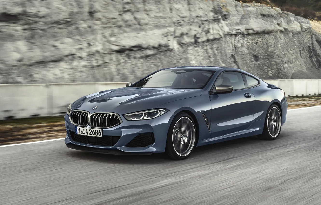 Photo wallpaper movement, coupe, speed, BMW, Coupe, 2018, gray-blue, 8-Series, pale blue, M850i xDrive, Eight, G15