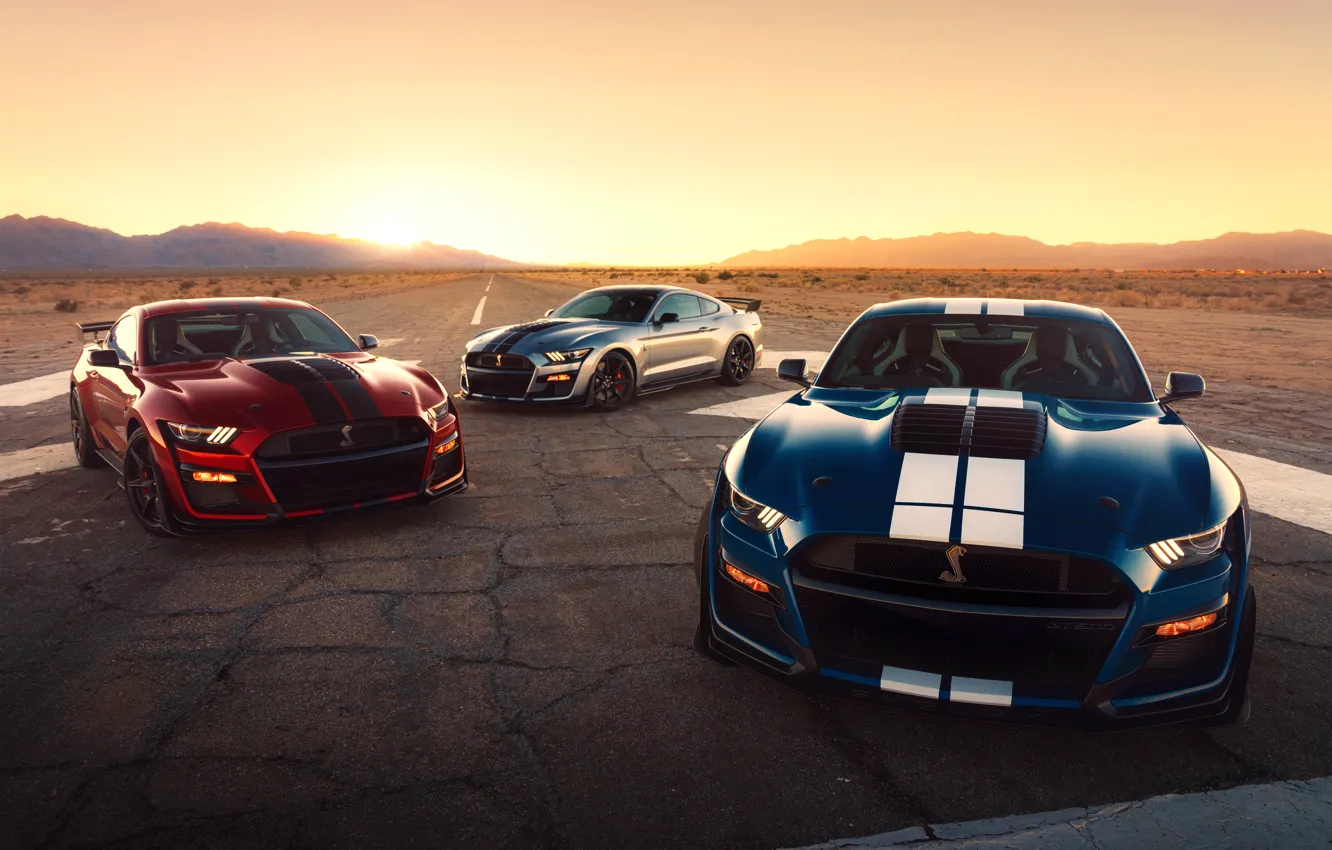 Photo wallpaper road, the sun, machine, lights, Ford, sports, sports car, wheel, Ford Mustang Shelby GT500, 2020