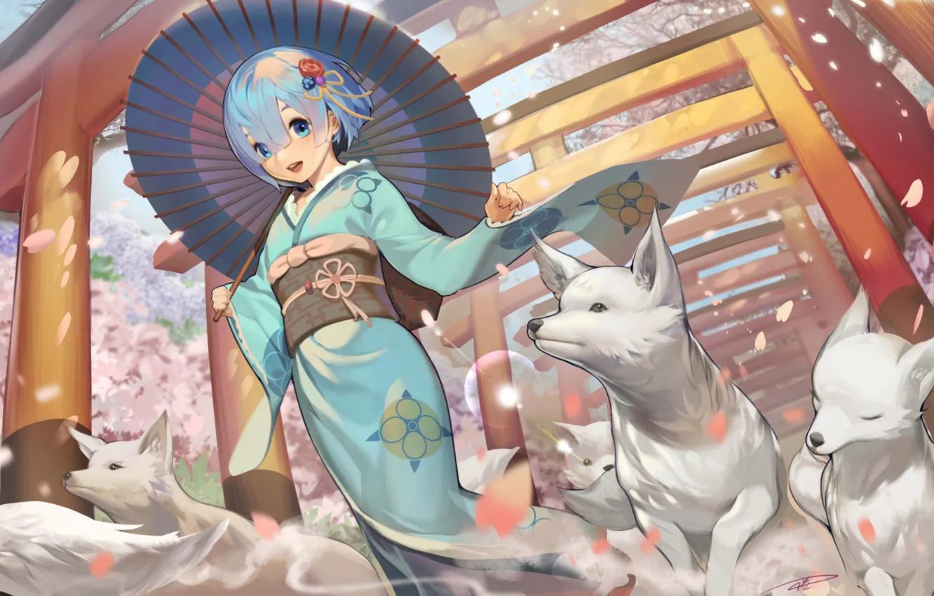 Photo wallpaper umbrella, kimono, blue hair, cherry blossoms, white wolves, Rem (Re: Zero), torii gate, Re Zero …